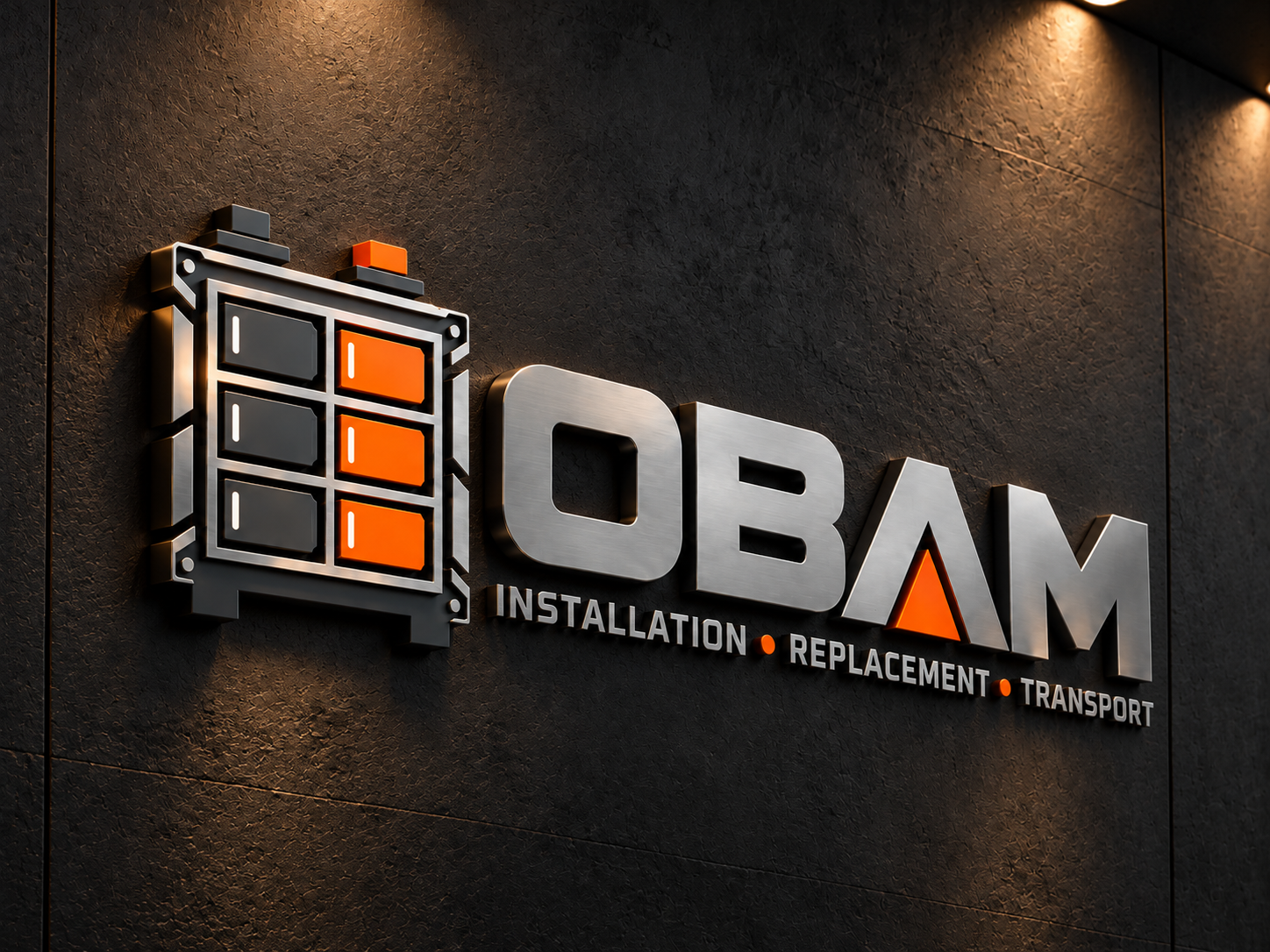 OBAM logo on a dark wall