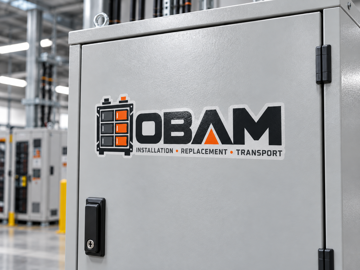 Logo OBAM sur une armoire électrique industrielle